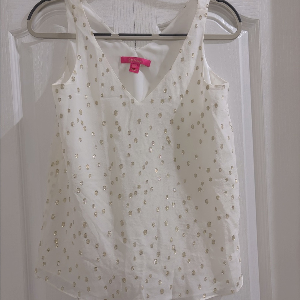 Lilly Pulitzer Sleeveless Tank with Gold Coin Florin Tinsel ptp 16.75 - Picture 2 of 5